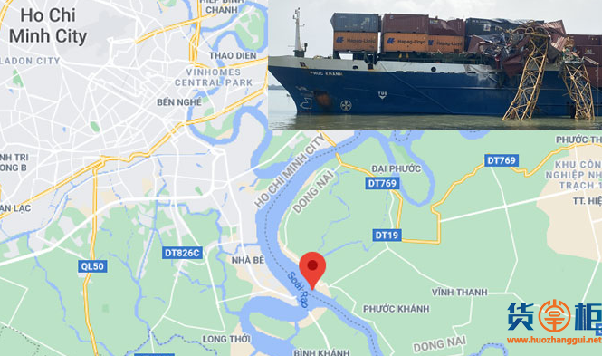 越南PHUC KHANH集装箱船与在建大桥塔吊相撞，4个集装箱落水，多个集装箱受损